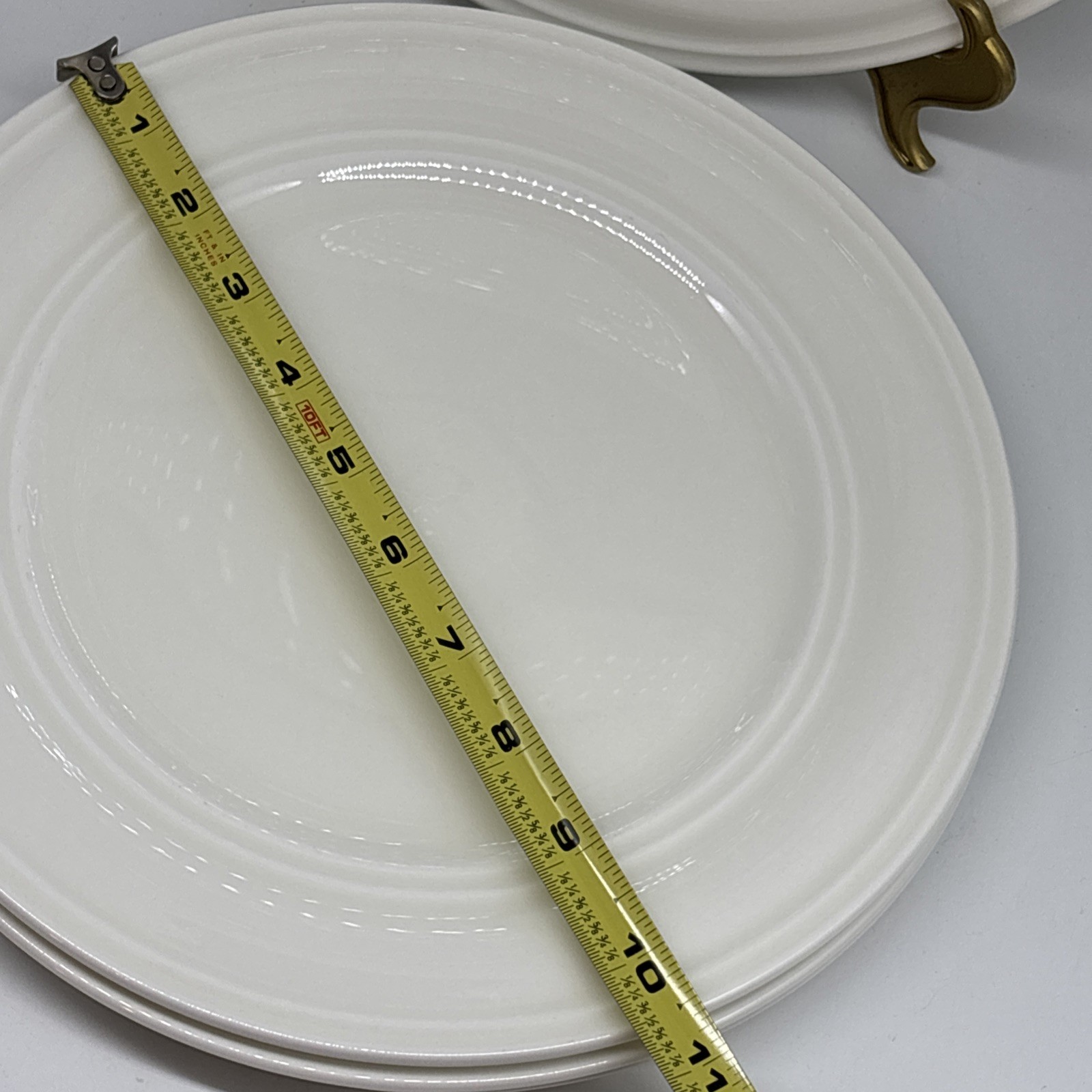4 Maison Neuve “White” Bone China 10 1/2″ Dinner Plates Embossed Rings Porcelain