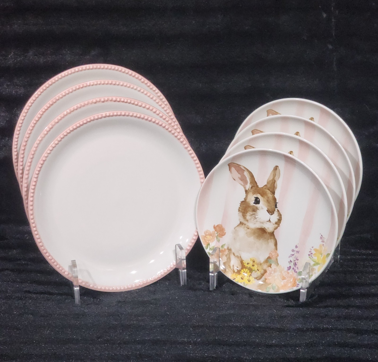4 Pink White Floral Bunny Striped Tidbit Plates 4.4″ Ceramic Easter Watercolor