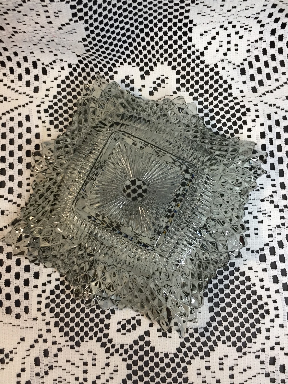 Light Gray Clear Glass Candy Bowl Square Serving Dish with Pointy Edges Vintage