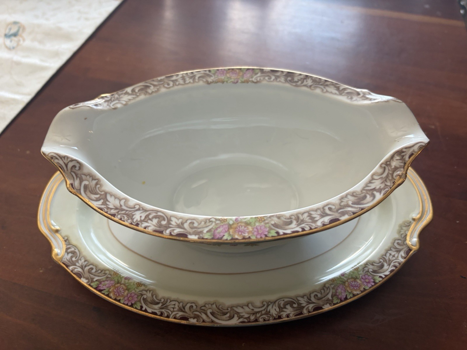 Vintage Noritake China Harmony #3906 Gold Trim Gravy Boat w/ Attached Underplate