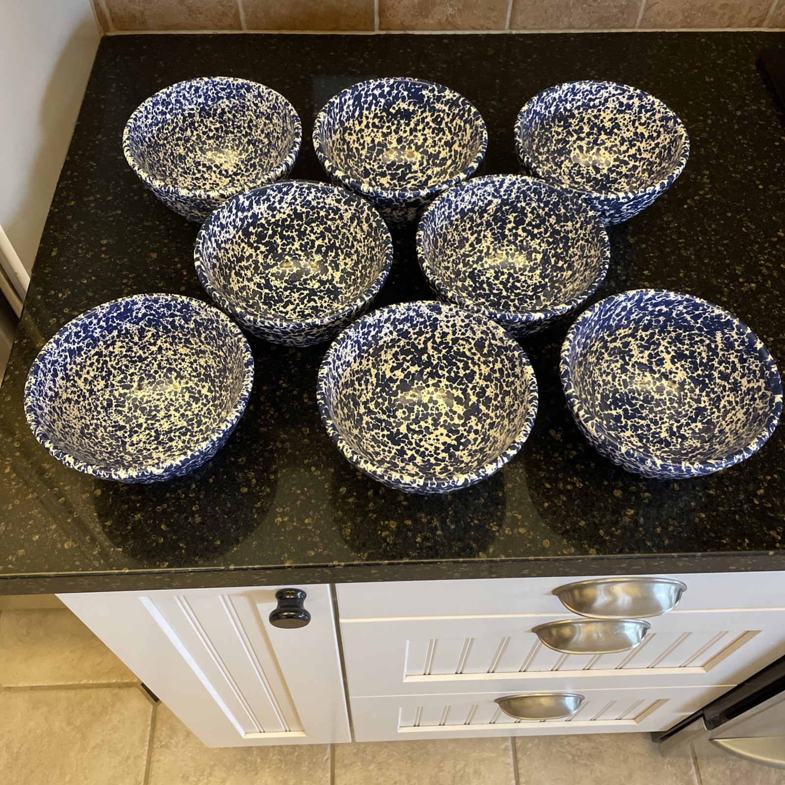 Haeger USA 296 Vintage MCM Blue And White Speckled Pottery Bowl 20 Oz Scalloped