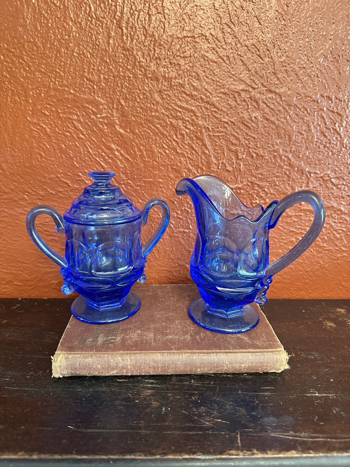 Fostoria HFM Henry Ford Museum Blue ARGUS Covered Sugar Bowl and Creamer