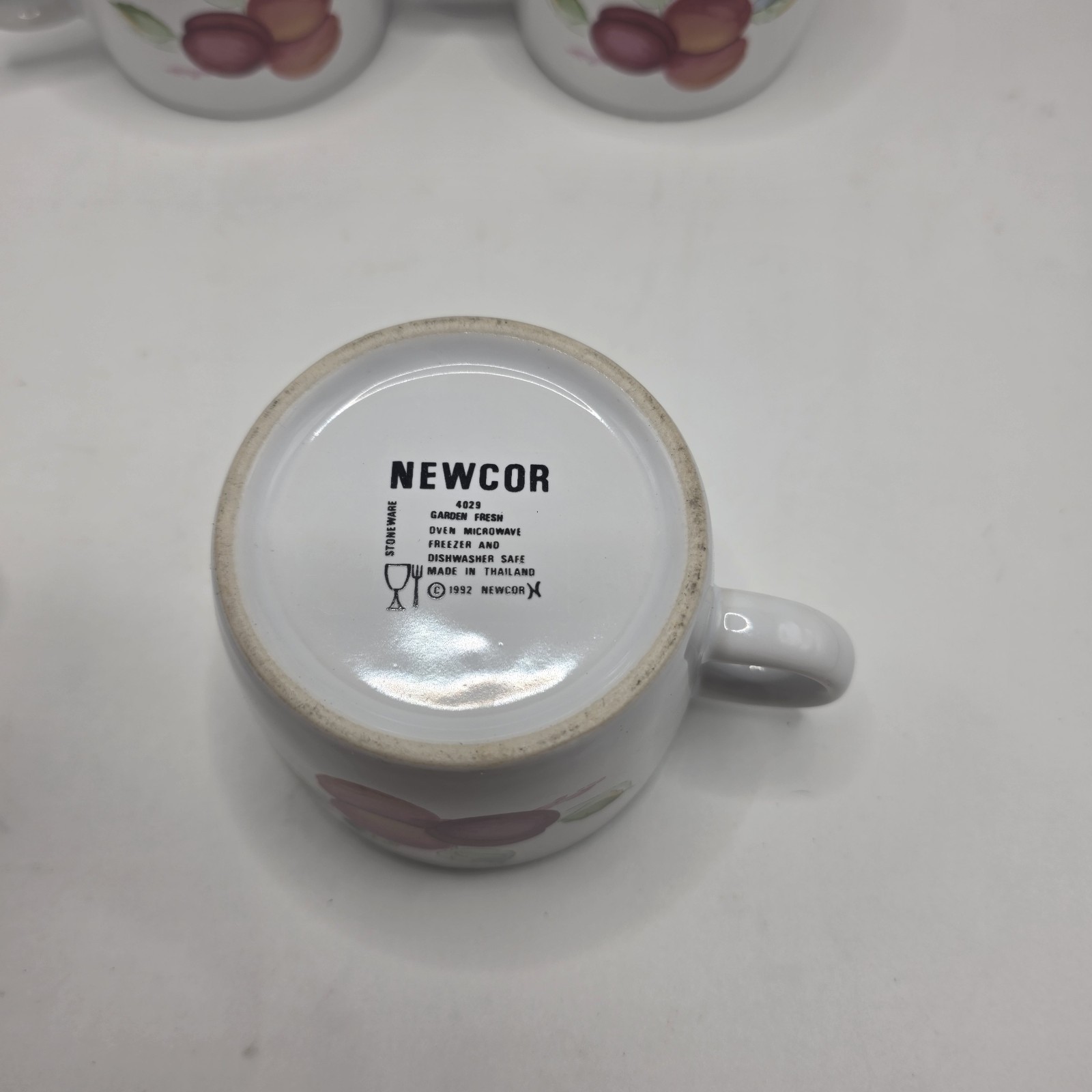 Vintage NEWCOR Garden Fresh Fruit Coffee Cups Set 7 Stoneware Farmhouse Country