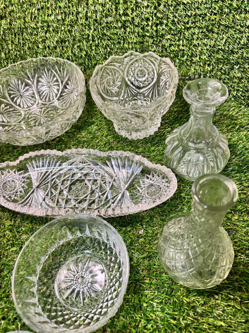 Vintage Pressed Clear Glass Lot 10 Pc Bowls Trays Bud Vases Serving Dishes