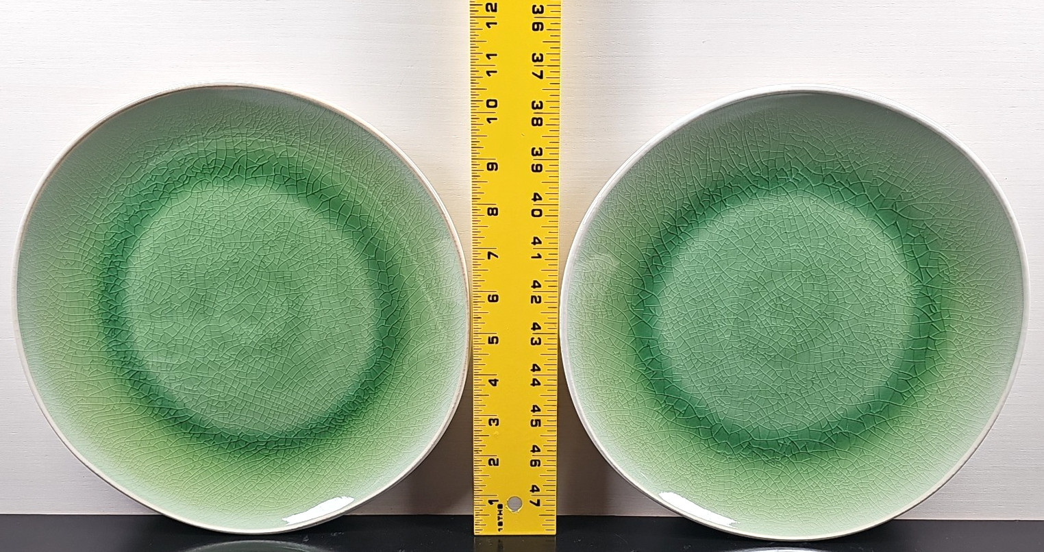 8 Roscher Crackle Glass Green Dinner Plates Set Elegant Stoneware Table Dish Lot