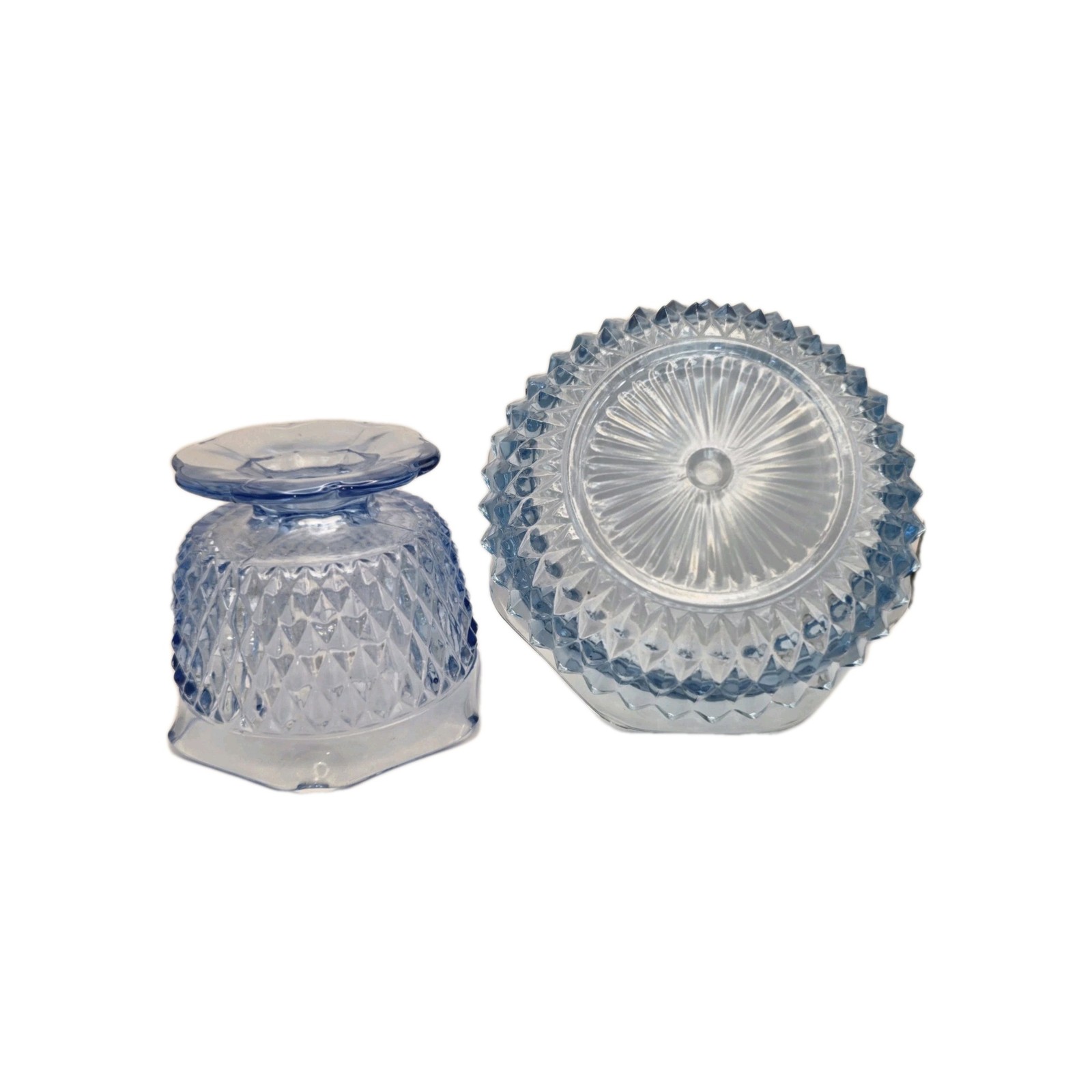 INDIANA GLASS CO BLUE DIAMOND POINT Bowl & Footed Cup SET 2 VINTAGE Elegant