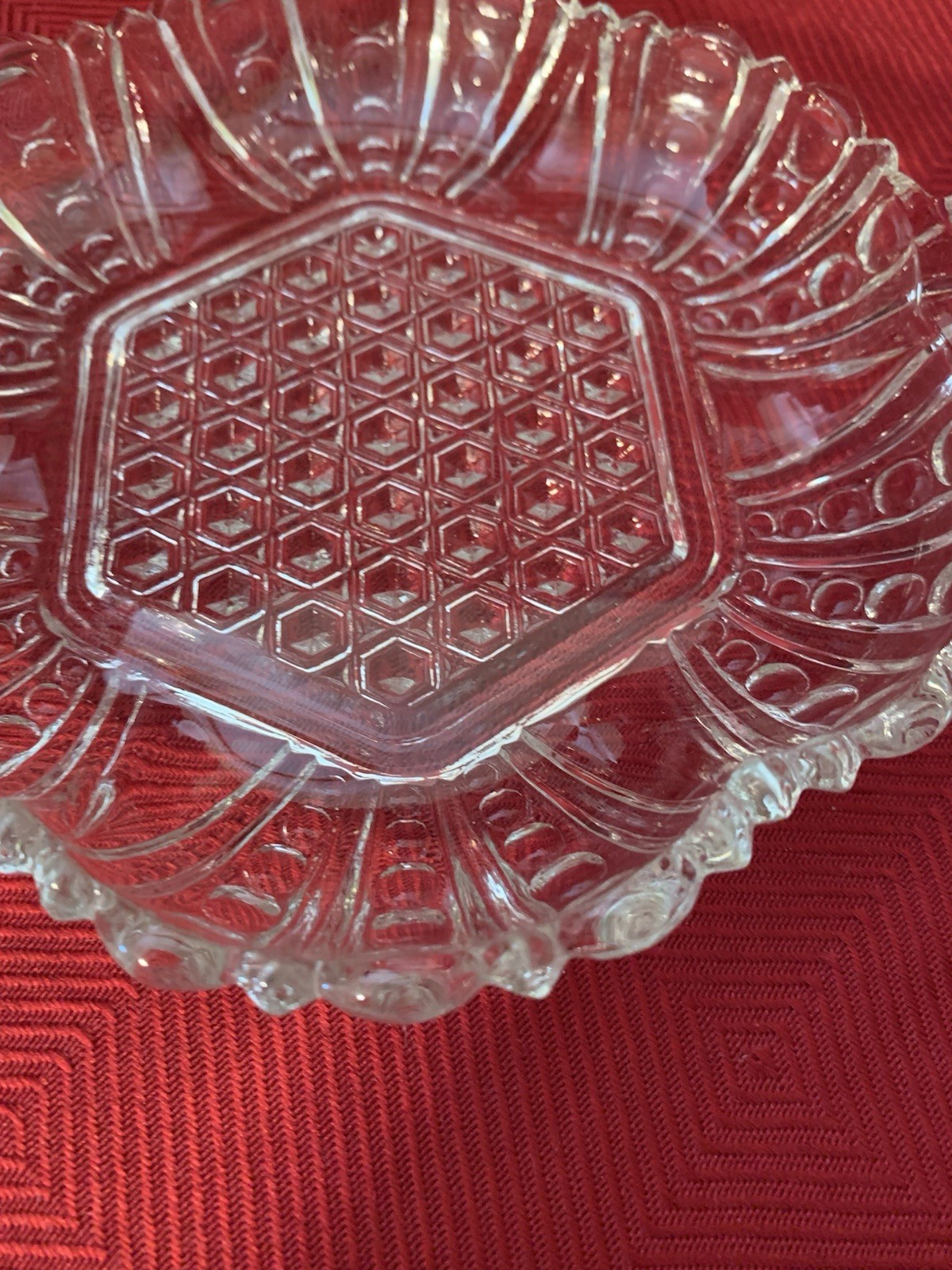 Anchor Hocking Clear Glass Vintage Dish with Hexagon and Dot & Cane Pattern 7.5”