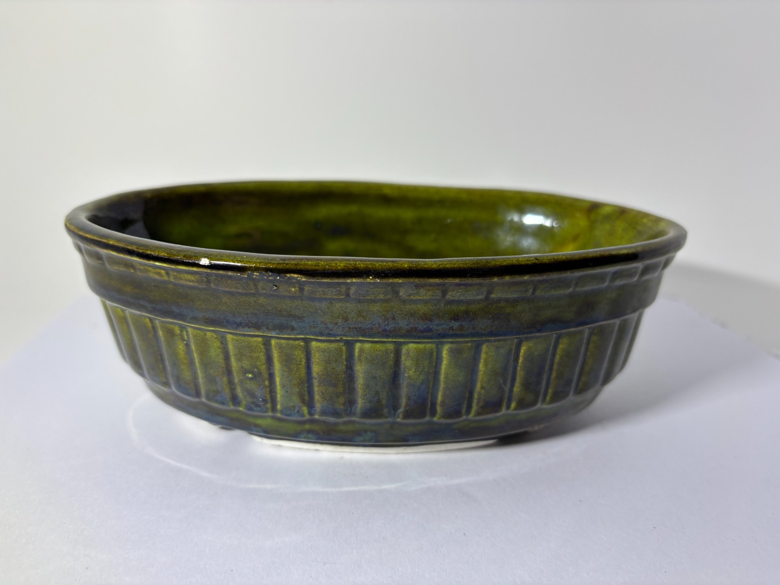 Vintage Maurice Ceramics USA 1935 Green Ribbed Oval Bowl MCM Pottery
