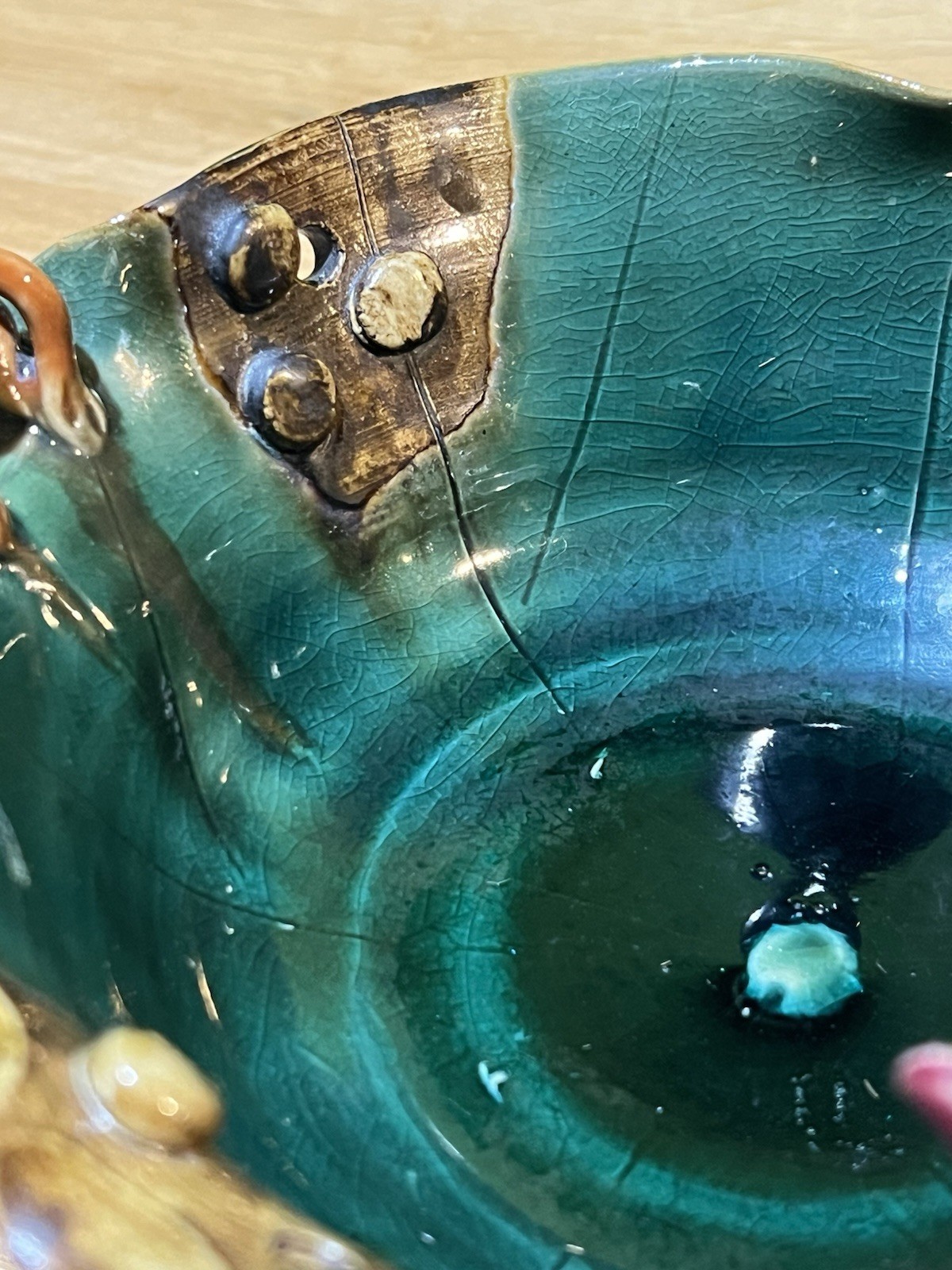 Majolica Style Frog & Lotus Bowl Pottery Handmade Free Form Art Unique