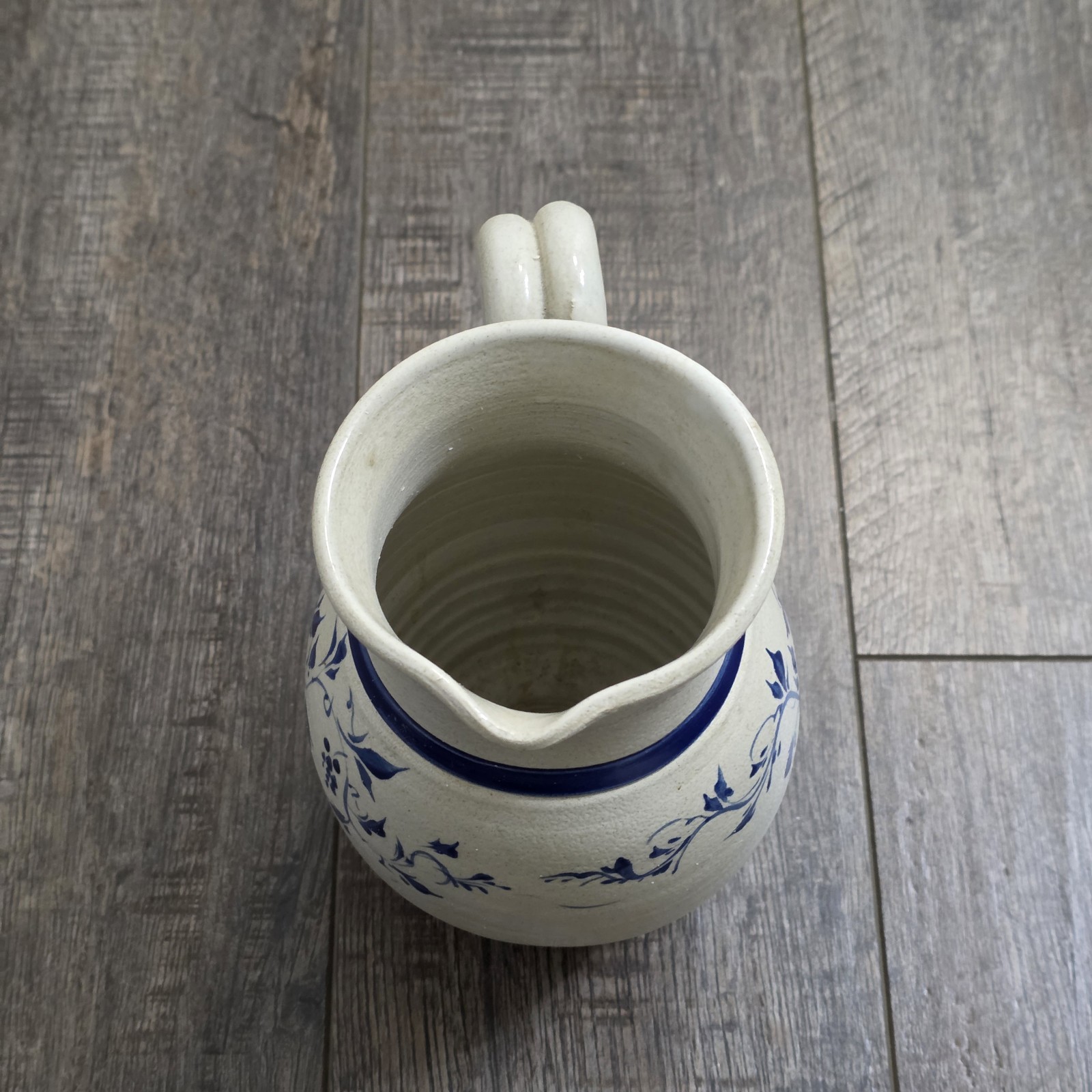 Vintage Williamsburg Stoneware Pottery Pitcher 1997 Blue Floral Pattern