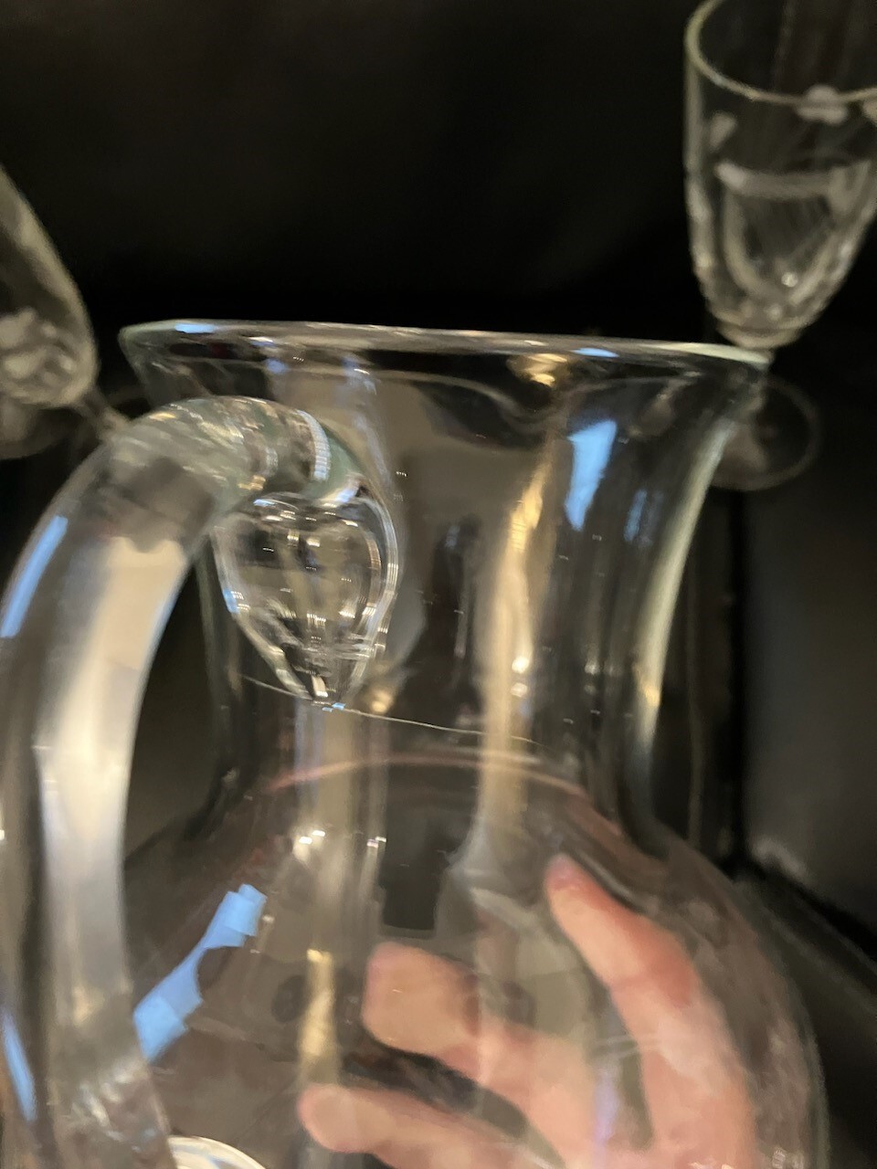 Vintage Crystal Glass Pitcher Etched Flowers 9in Thick Handle With 3 Glasses