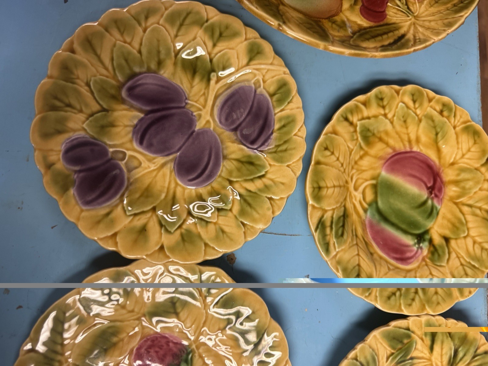 Set 8 Sarreguemines Majolica Hand Painted 7.5″ Fruit Plates & Platter France