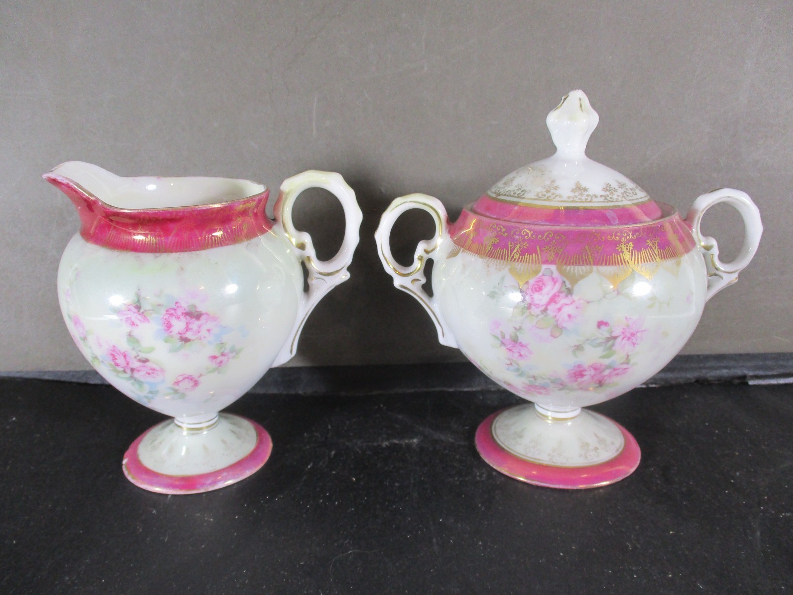 CA 1900 R.S. PRUSSIA MINT SMALL BREAKFAST FOOTED SUGER & CREAMER, ROSES RED MARK