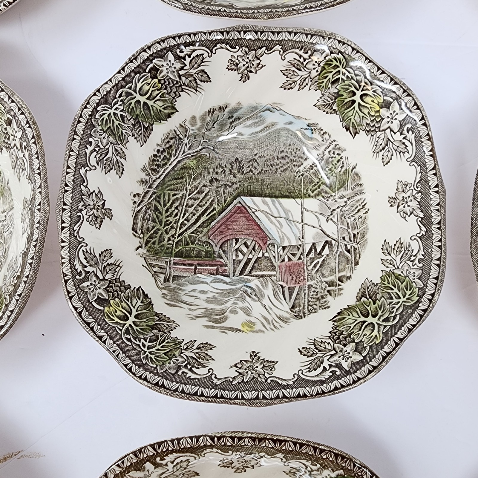 Friendly Village Johnson Brothers Covered Bridge Square Salad Dessert Bowl Set 9