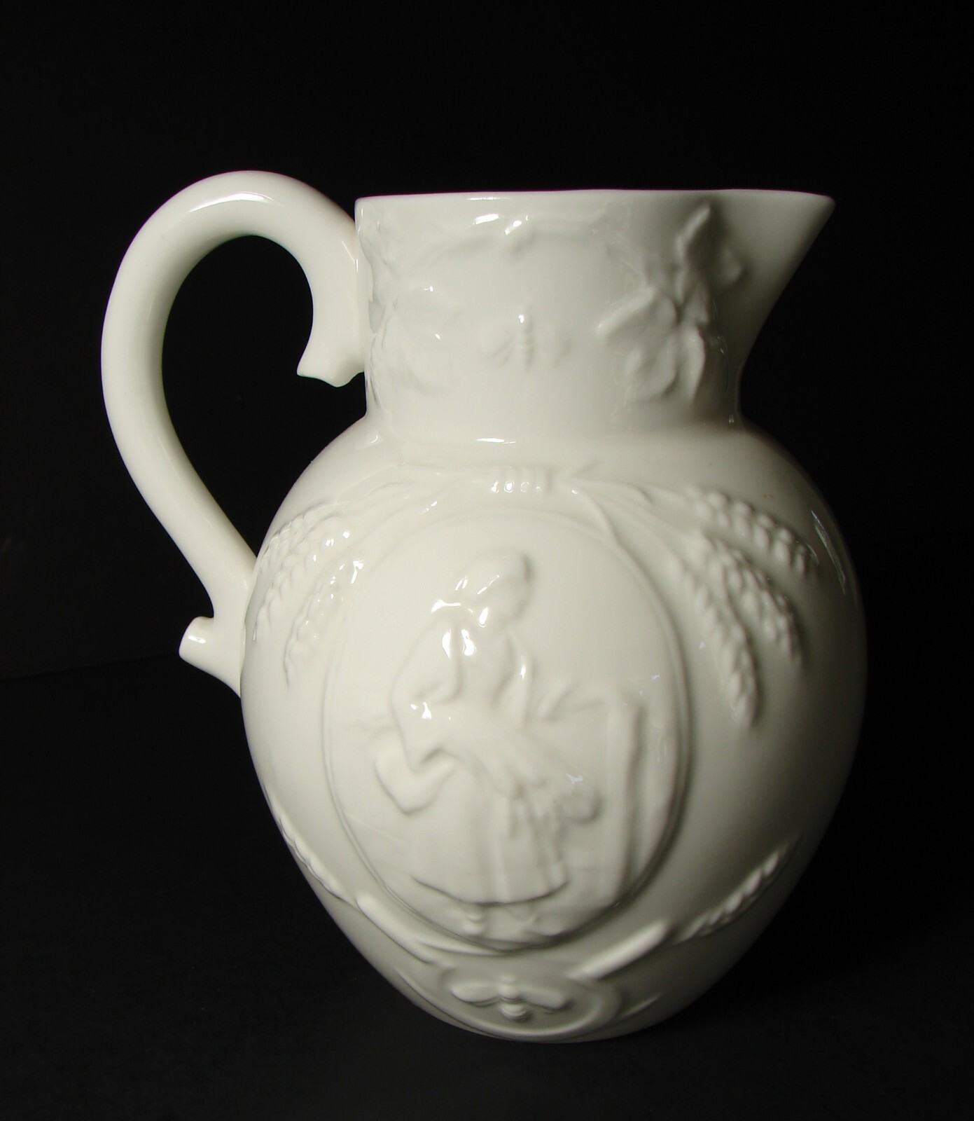 Minton Bone China Pitcher White Embossed Harvest Scene Vintage England 1940s