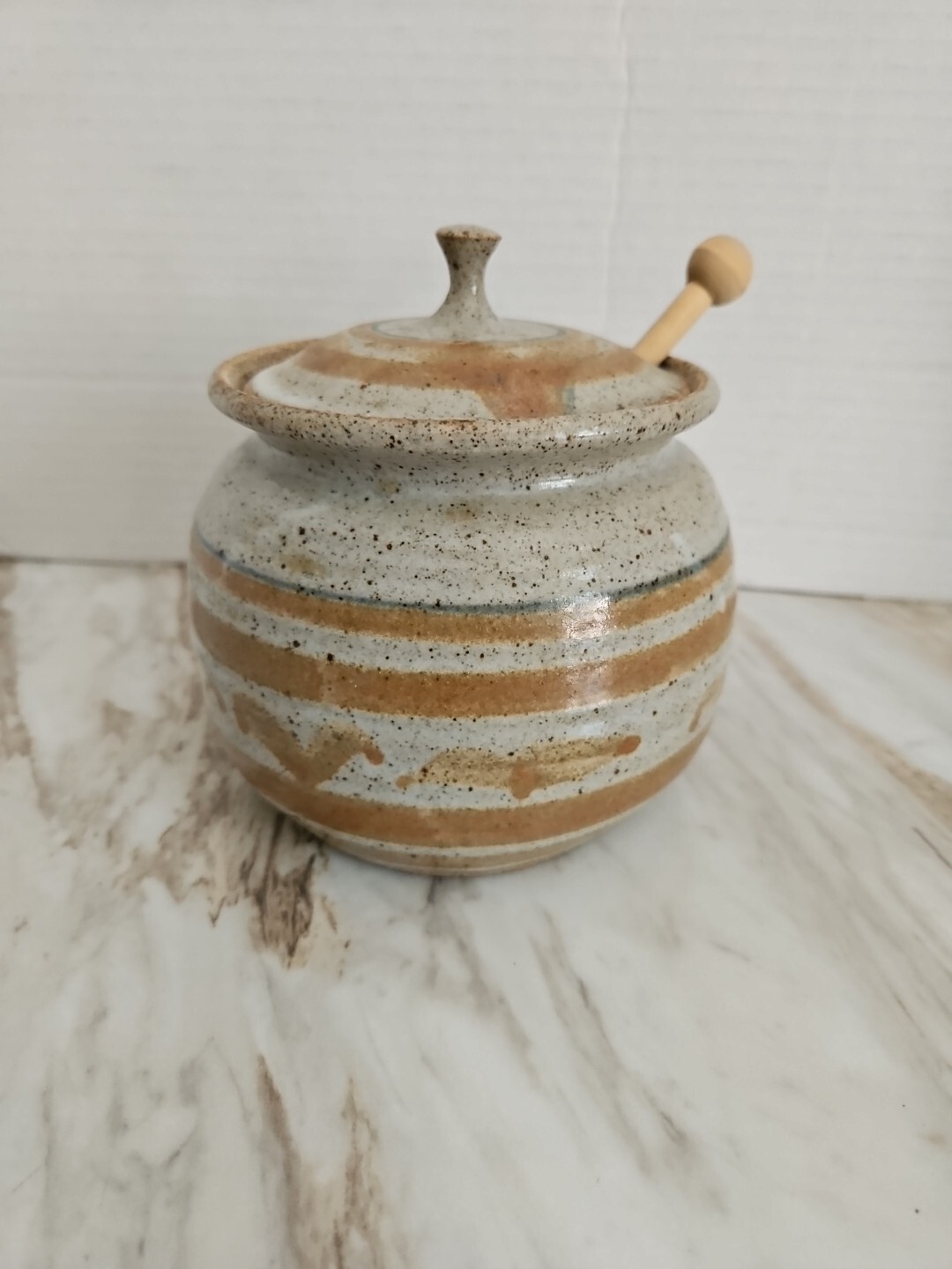 Honey Pot Studio Art Pottery Shades Of Blue & Tan with Lid And Dipper Signed