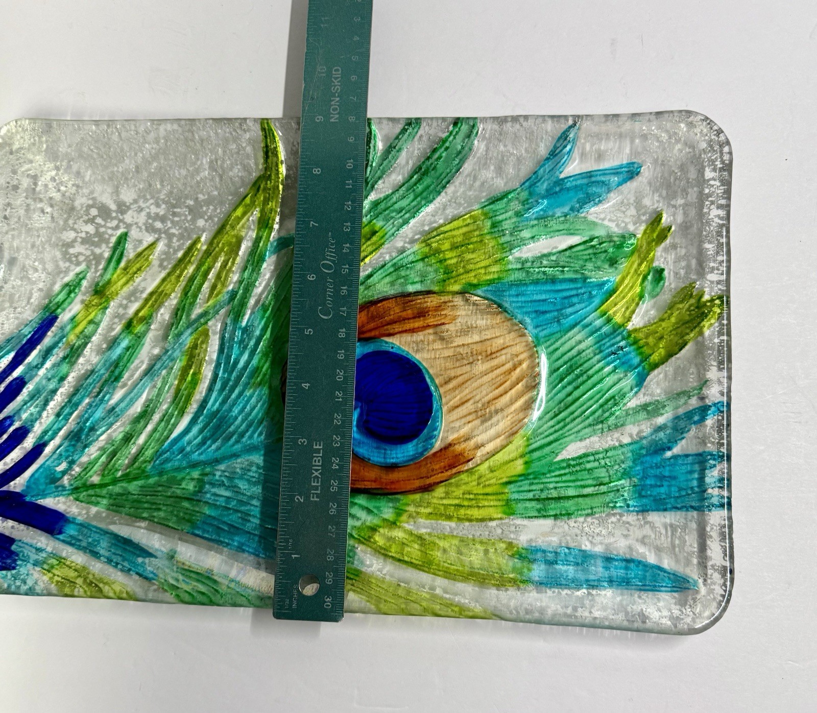 9 X 14” Fused Glass Peacock Feather Decorative Rectangular Platter Tray