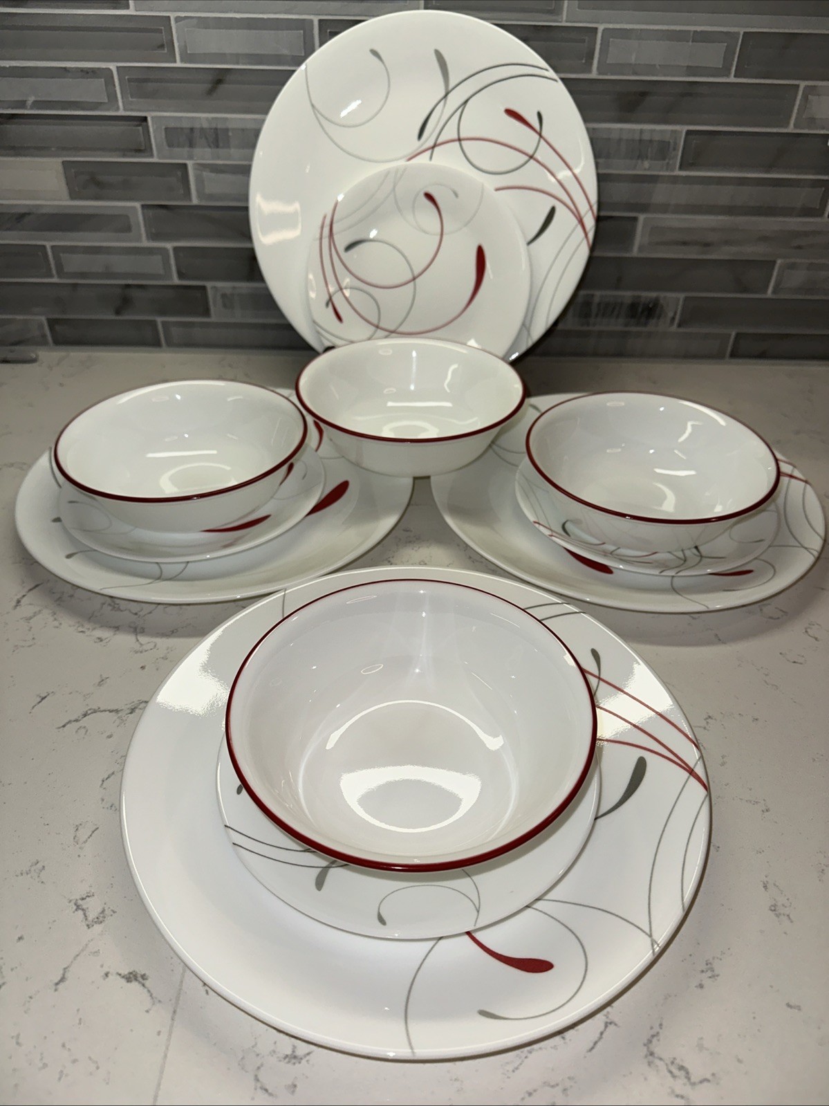 CORELLE~SPLENDOR~White w/Red & Gray Swirl~Dinner/Bread Plates/Bowls~4 Each~EUC!