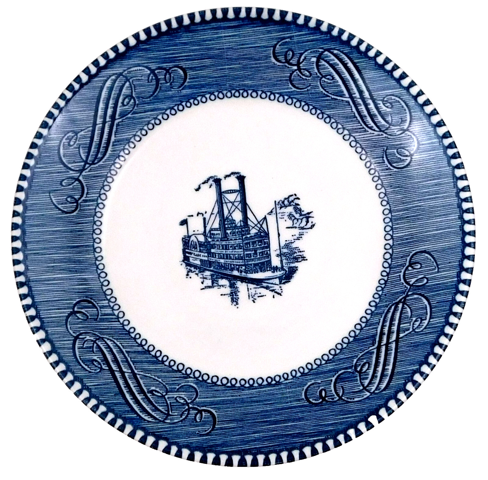 Currier and Ives Royal Blue Harvest Steam Boat Saucer Plate 6 ” Vintage