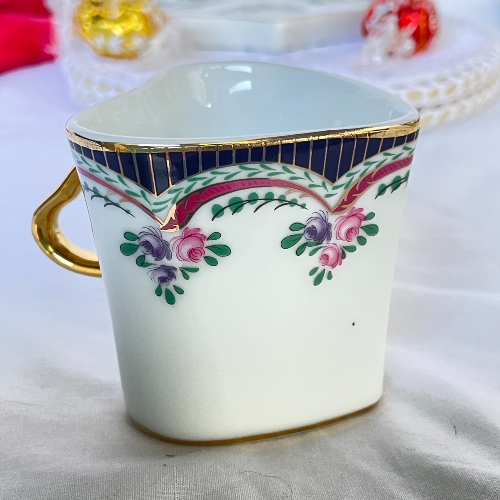 Vintage China Heart Shaped Coffee Cup & Saucer Cobalt Rim Rose Swags Gold Handle