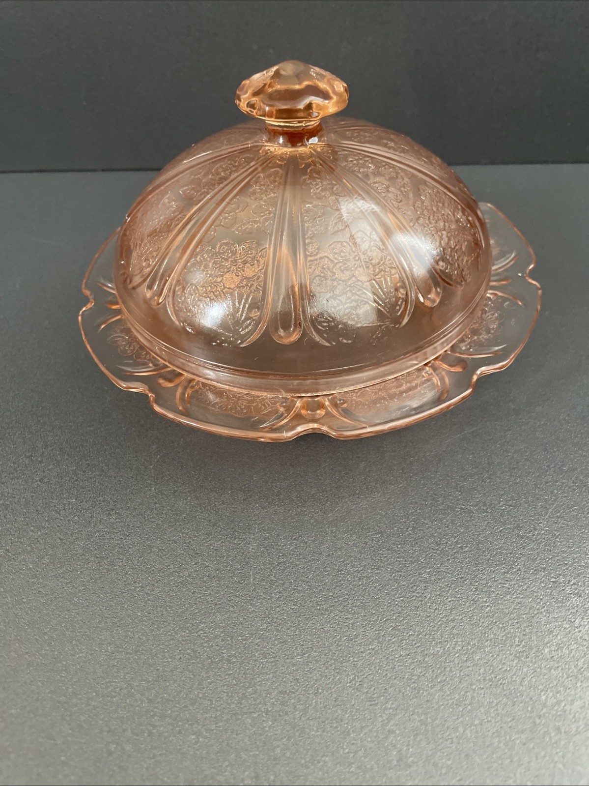 Jeannette Soft Salmon Pink Cherry Blossom Depression Glass Covered Butter Dish