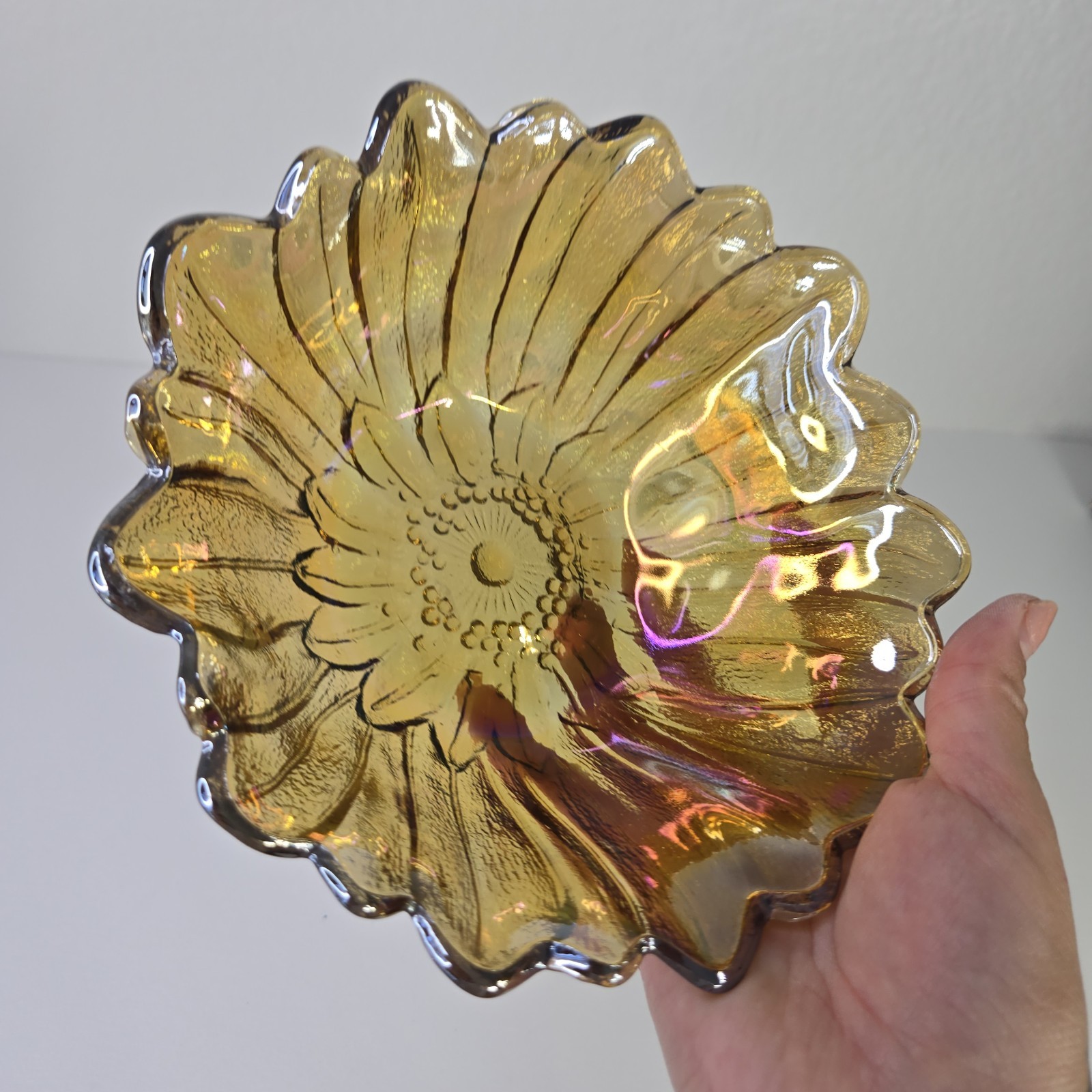 Vintage Indiana Iridescent Carnival Glass Marigold Sunflower Candy/Trinket Dish