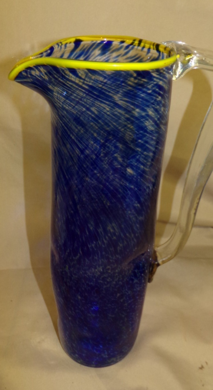 Cobalt Blue Yellow Rim Art Glass Pitcher 13″