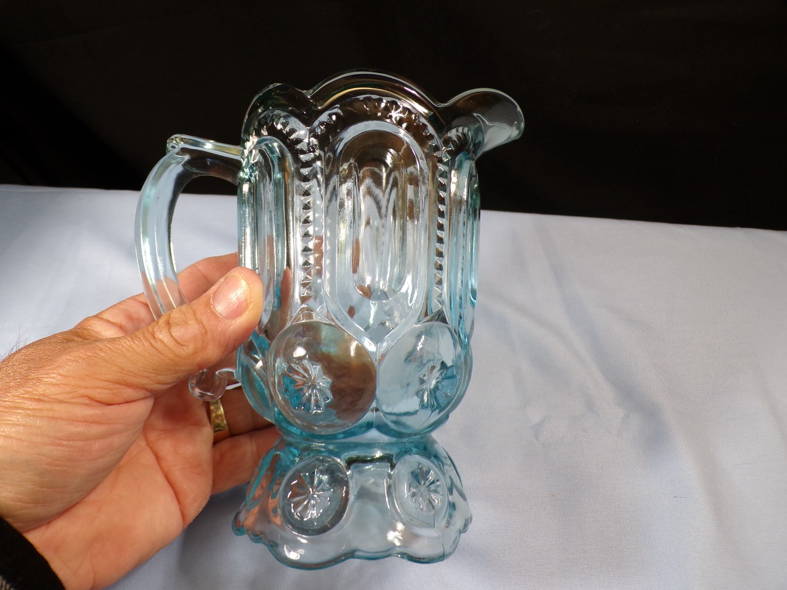 L.E. Smith Light Blue Glass Moon & Stars Creamer or Pitcher 6 1/4″ Tall