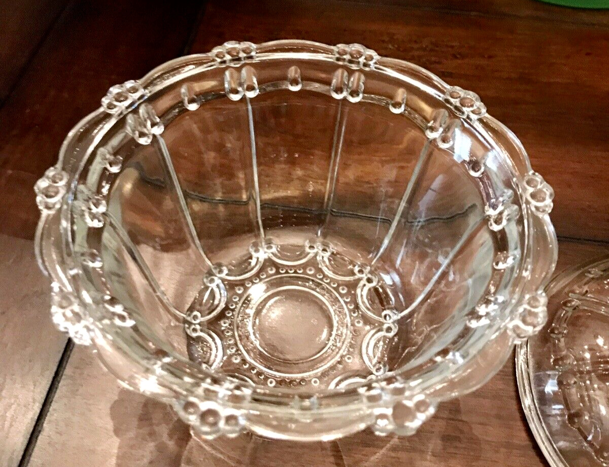 Vintage 5″ Indonesia KIG Clear Beaded Glass Dainty Candy Dish With Lid