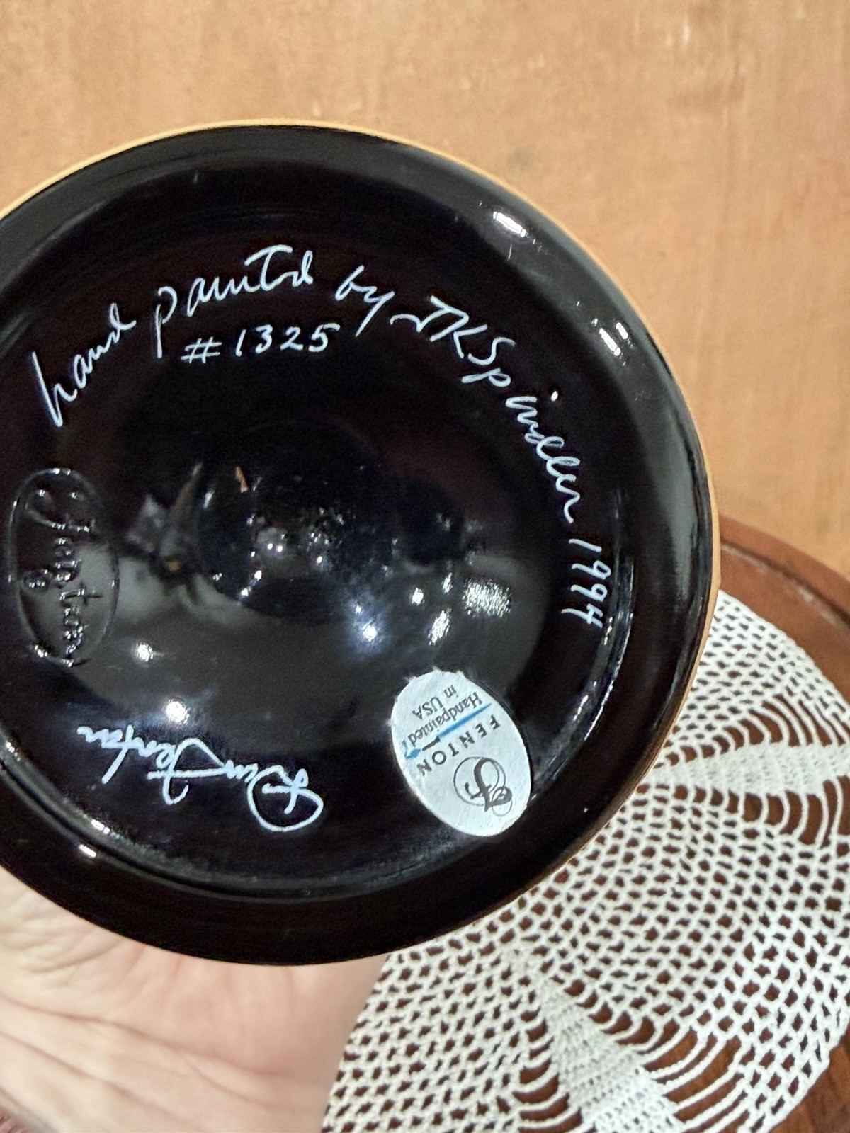 Fenton 1994 Black Hand Painted Lidded Urn Candy Dish J.K. Spindler #1325