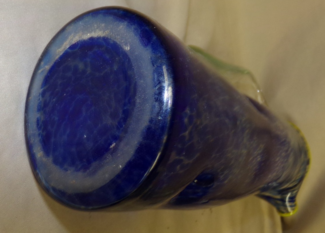 Cobalt Blue Yellow Rim Art Glass Pitcher 13″