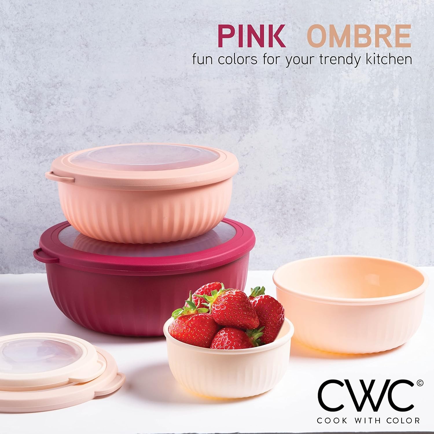 COOK WITH COLOR Prep Bowls w Lids 8Pc Nesting Mixing Set Rose