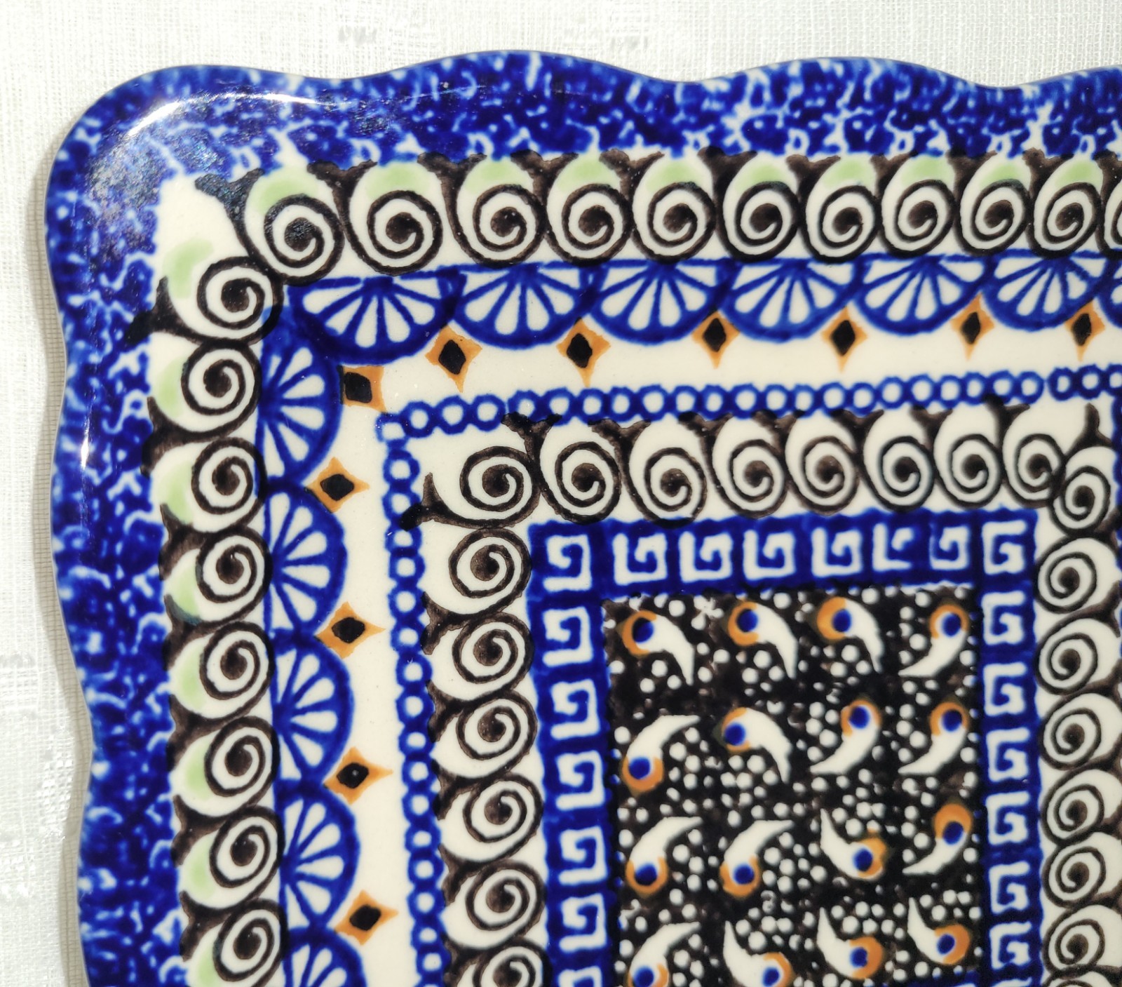 VTG Unikat Polish Pottery Square Platter Handmade/Painted Blue & Green Patterns