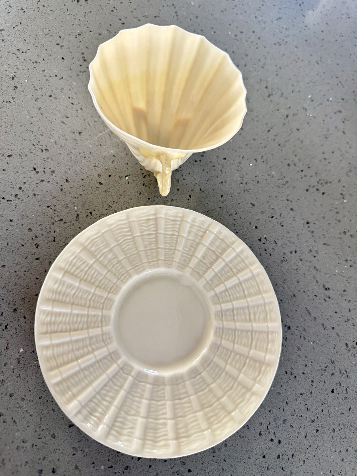Belleek Ireland Neptune yellow Shell Cup and Saucer vintage 6th Gen green mark