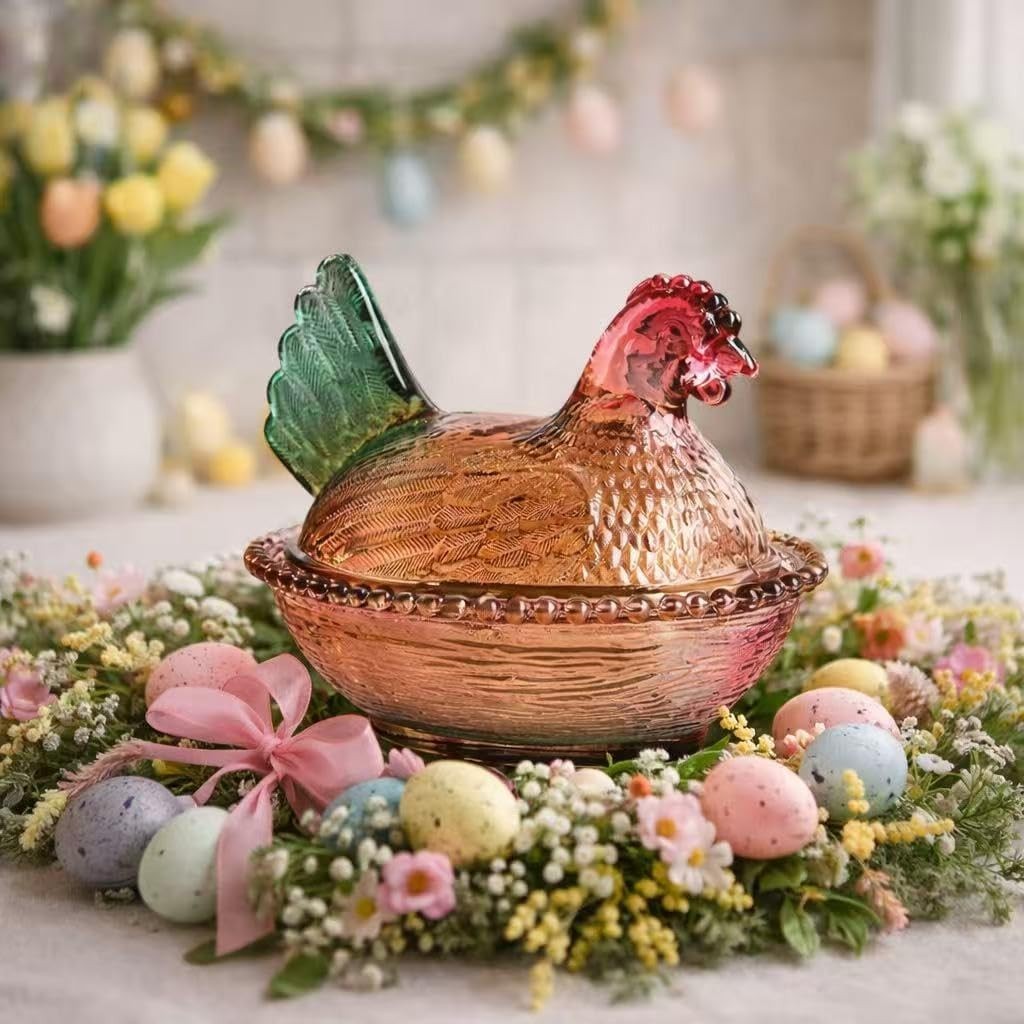 Vintage-Style Glass Hen on Nest Dish with Lid, Colorful Pedestal Candy Bowl