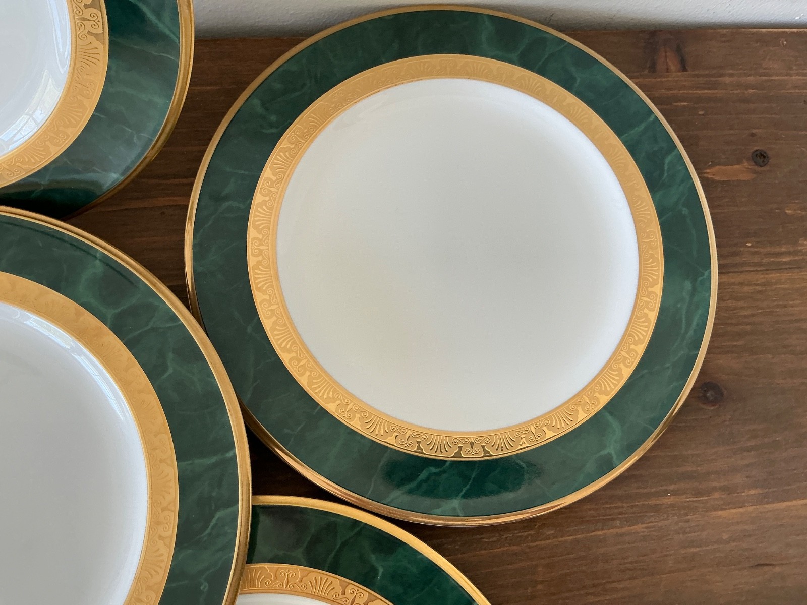 Set/6 NORITAKE Fitzgerald 4712 Salad Plates Green Marble Border Gold Scroll EXC!