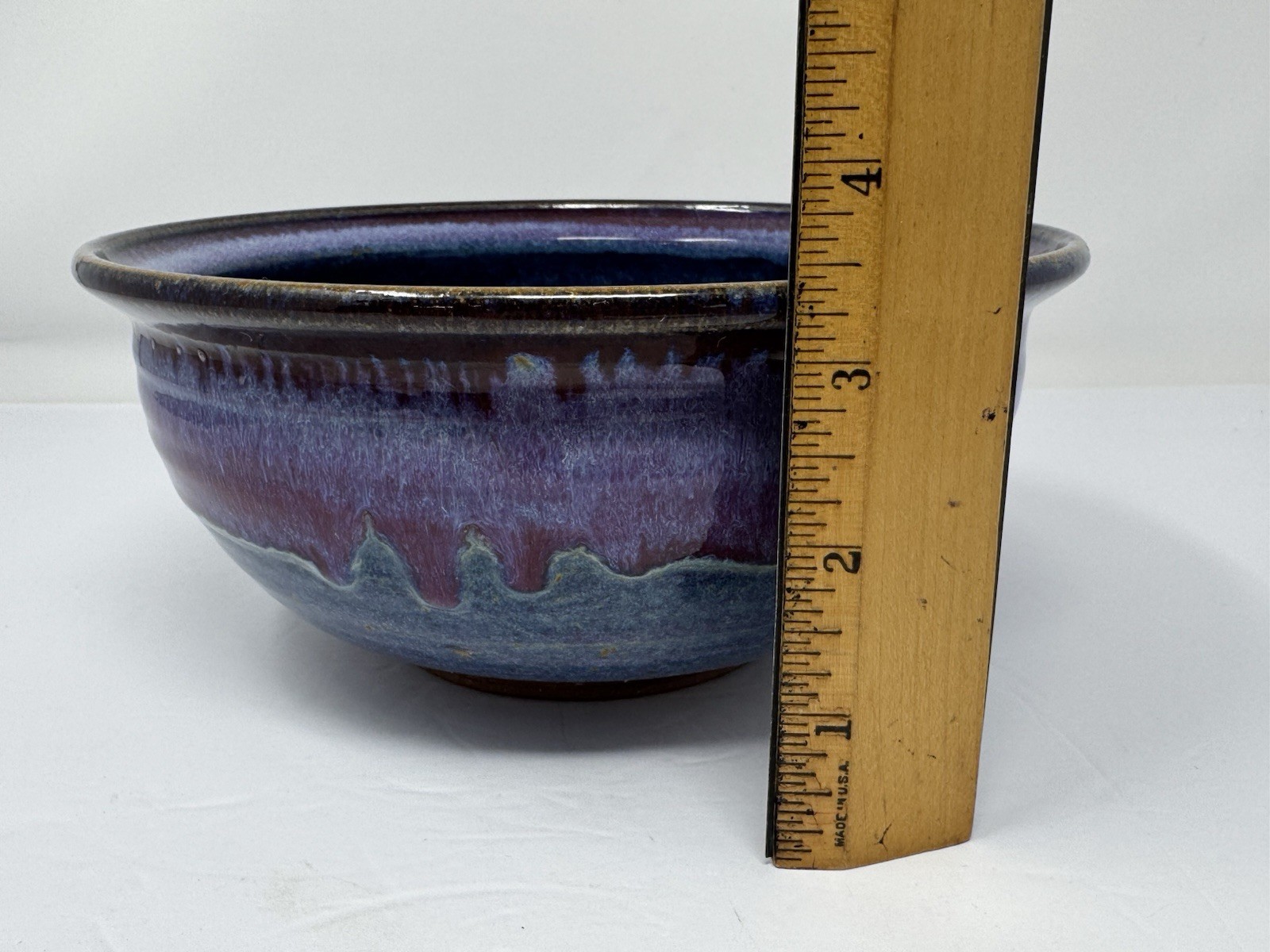 Vintage Studio Pottery Bowl Blue Purple Drip Glaze Handmade Ceramic Signed 7.75”