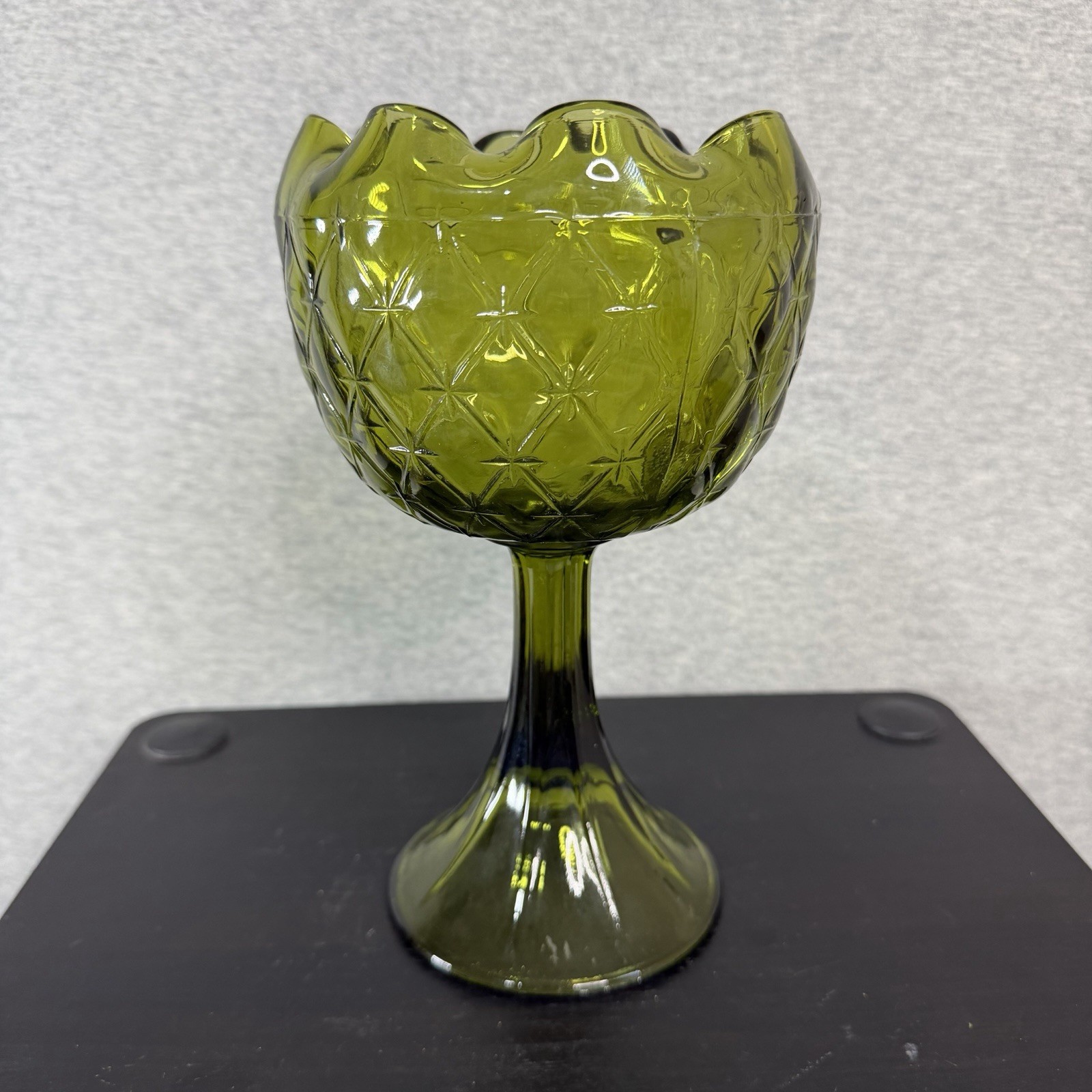 INDIANA GLASS Co. Green Duette Pedestal Compote Bowl Diamond Quilted Pattern 9”