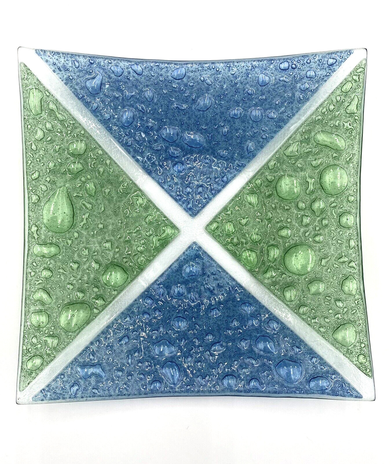 Fused Art Glass Plate, 9″ Curved Square, Green, Blue and Clear Glass w/Bubbles