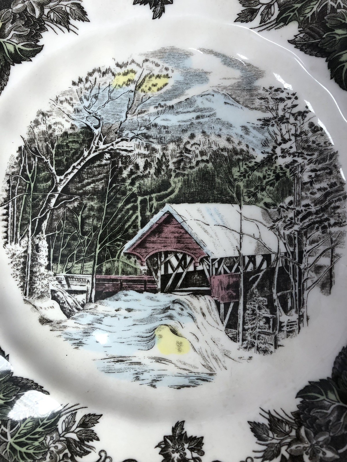 Johnson Bros The Friendly Village 4 Square Salad Plates 7.5″ Covered Bridge 1883