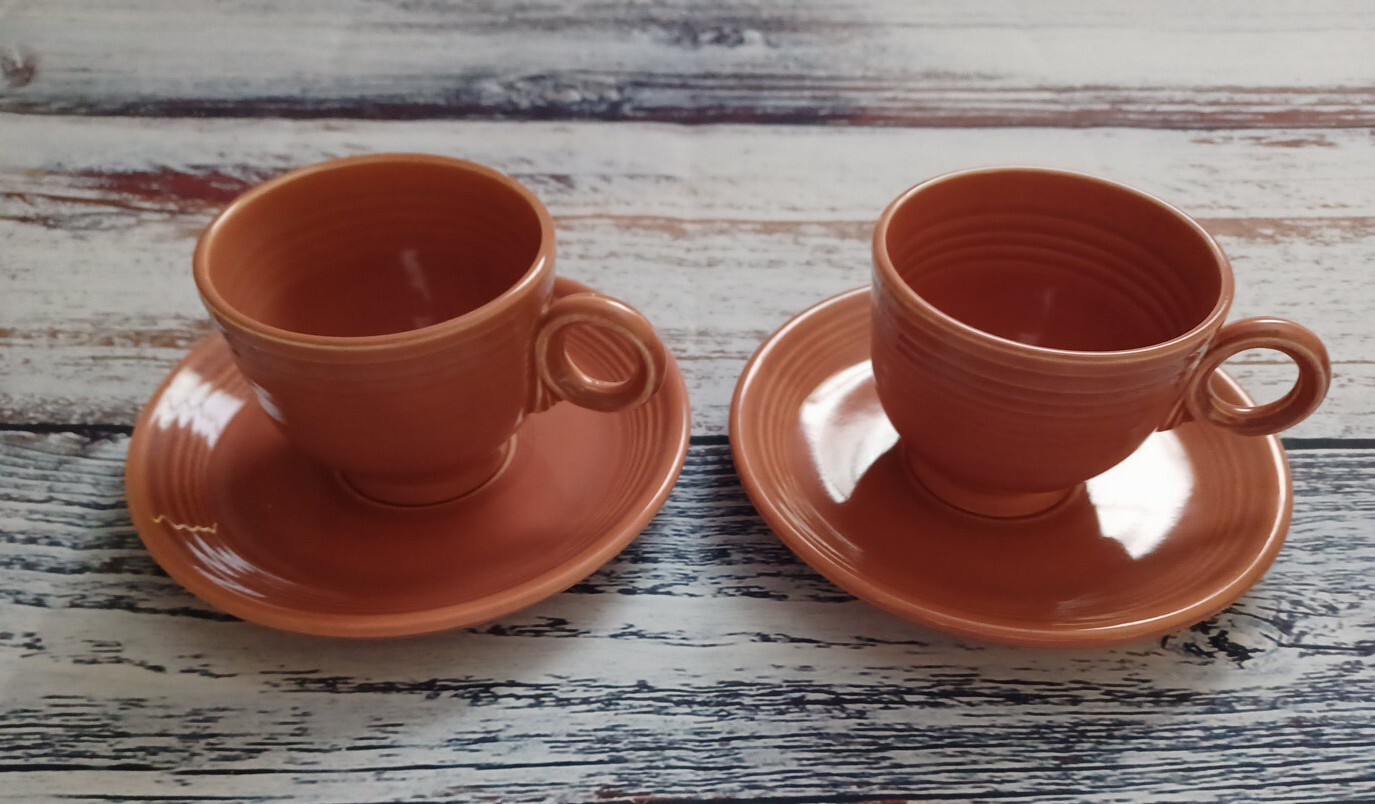 PAIR-VINTAGE HLC FIESTA 1950-1959 ROSE TEACUPS & SAUCERS EXCELLENT CONDITION