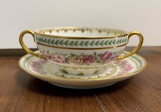 Antique GDA CF Haviland Limoges Two-Handled Cream Soup Bouillon Cup & Saucer