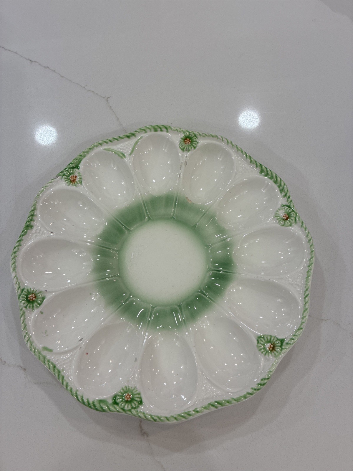 Vintage White/Green DEVILED EGG & Relish Platter Tray made in Japan, 9”
