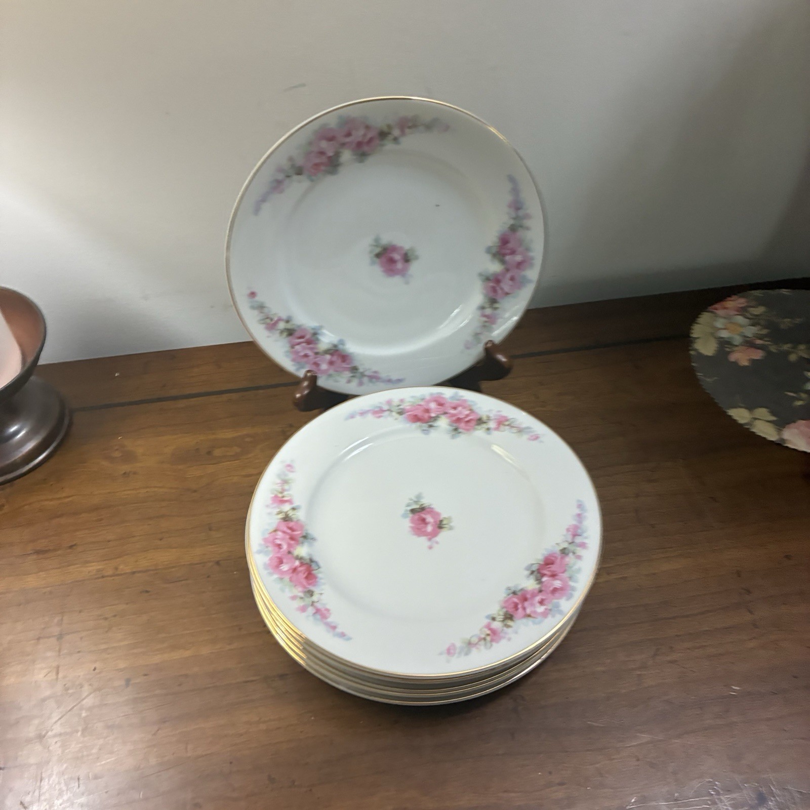 6 Vintage Fine China Corona Salad Plates Pink Roses Made In Occupied Japan
