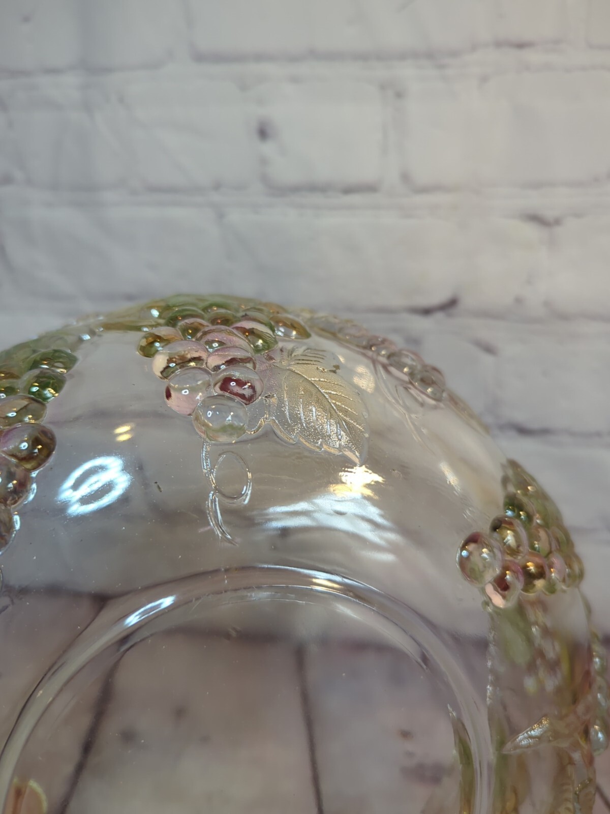Vtg Pressed Glass Bowl Grapes 3-D Grapevines 4″ Tall 9.5″ Wide MCM