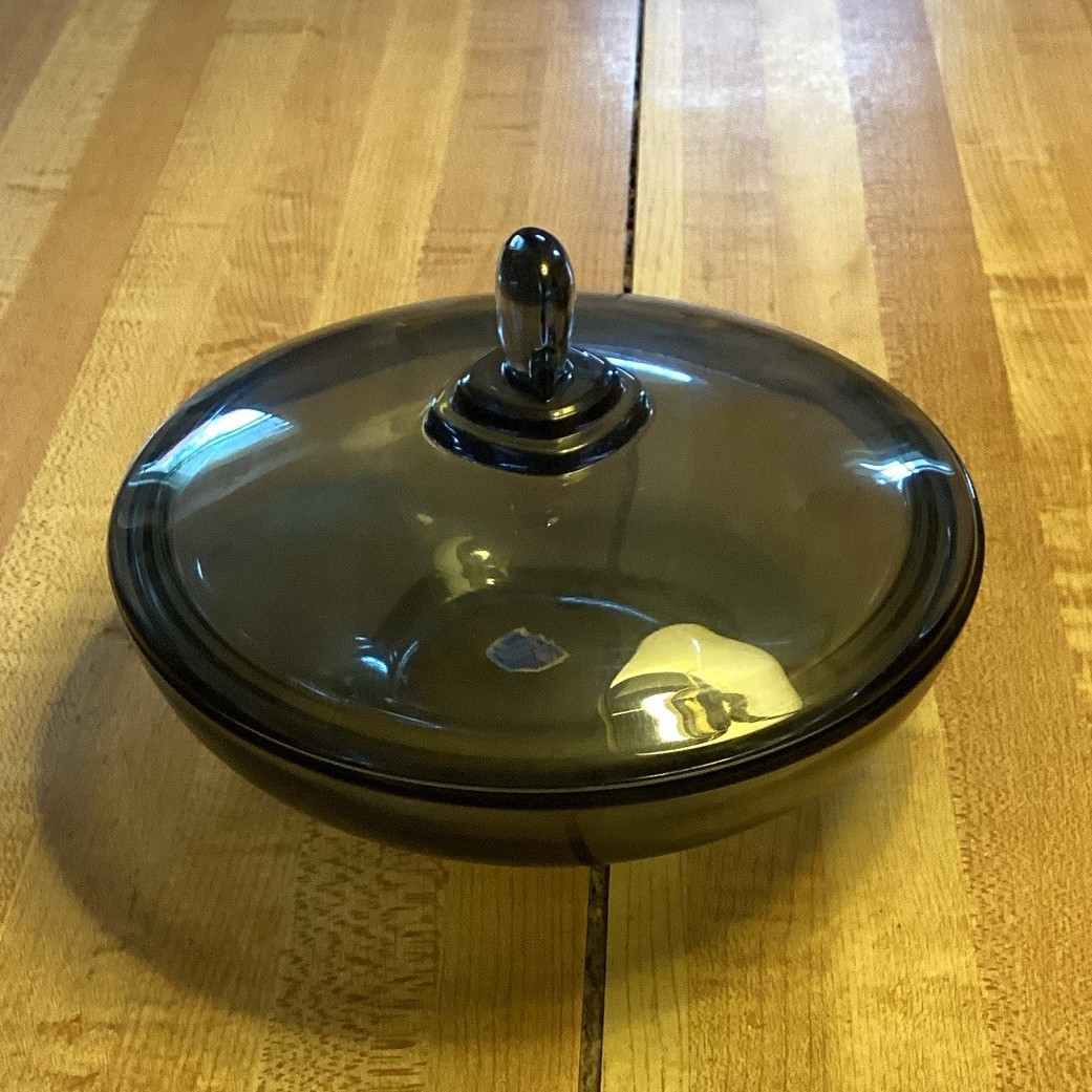 Unmarked Smoke Gray Solid Pressed Glass Round Bowl w/ Lid 2-Piece Set Glossy