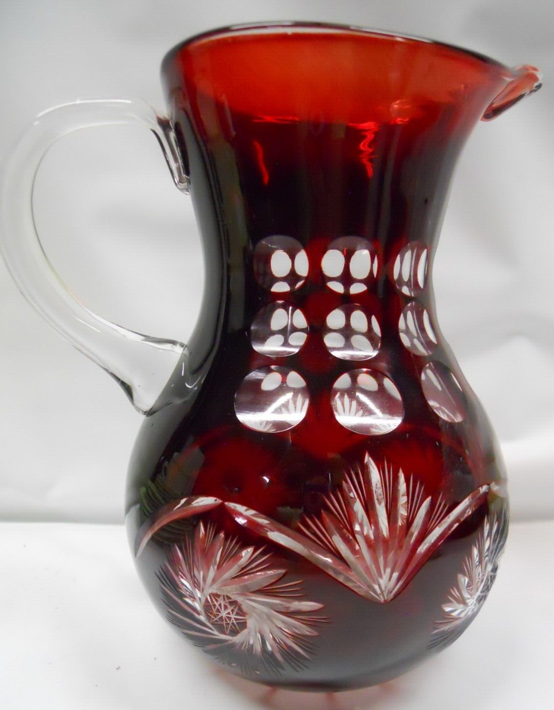 Clear Pitcher Boho Dark Ruby Red Czech Deep Glass 9″ tall clear glass handle