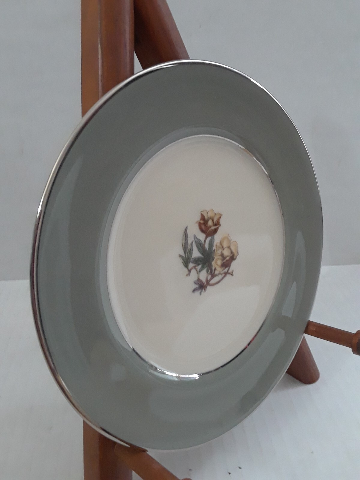 Flintridge China 6.25 in Bread Plate Floral with Green Back Stamp Silver Rim