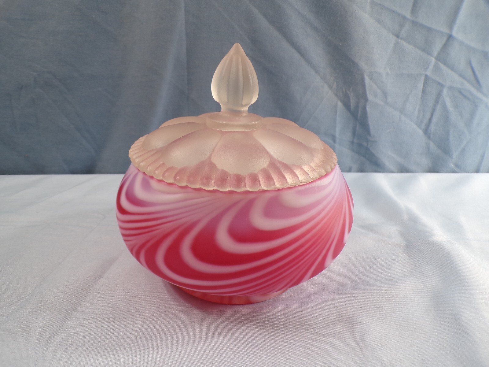 Fenton Cranberry Satin Glass Swirled Feather Candy Jar (Not Smaller Puff Box)