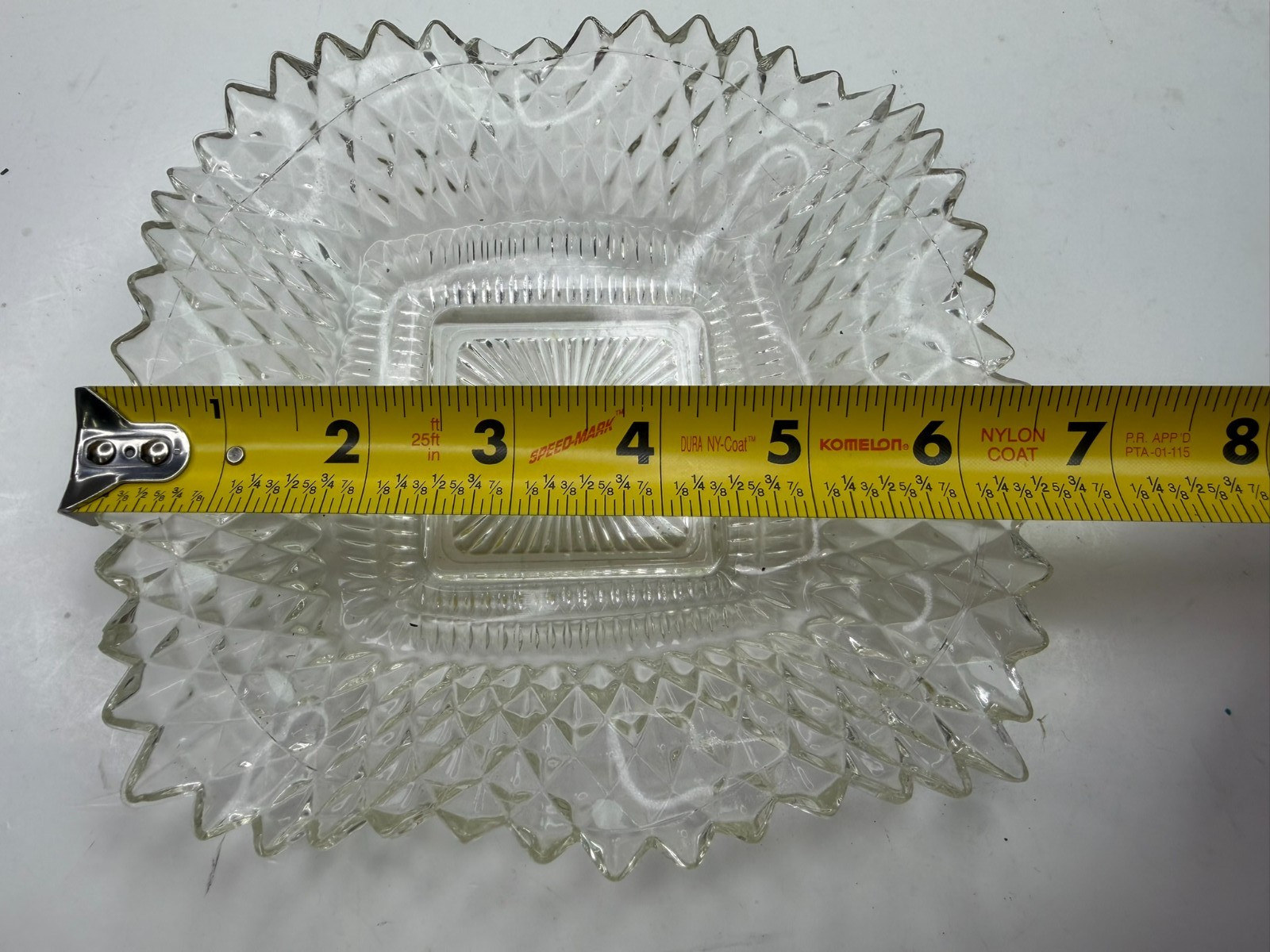 Vintage Indiana Glass 6.5″ Square Candy Dish Bowl Diamond Cut Ruffled Edge